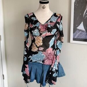 Y2K Black, blue, pink floral long sleeve blouse ruffle details bell sleeves